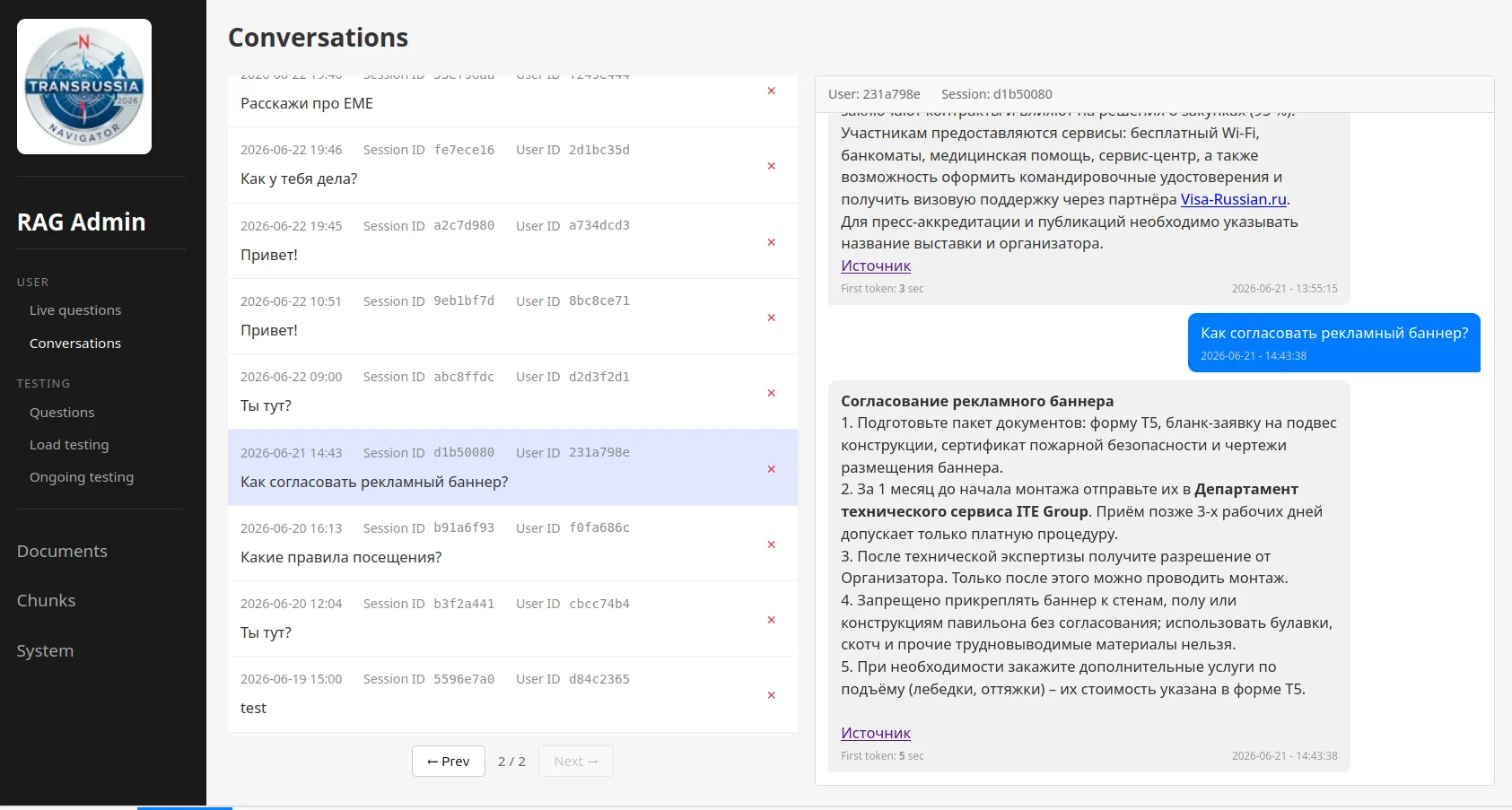 Беседы (Conversations) — диалоги реальных пользователей, сгруппированные по беседам